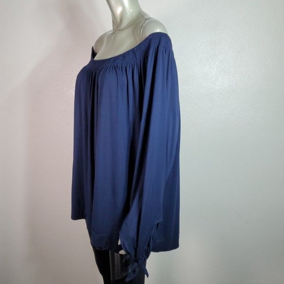 Chaps Top Plus Size 3X Off Shoulder Tie Sleeve Stretch Pullover Long Sleeve Blue - Picture 3 of 5
